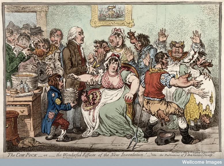 V0011069 Edward Jenner vaccinating patients against smallpox Credit: Wellcome Library, London. Wellcome Images images@wellcome.ac.uk http://wellcomeimages.org Caricature of Edward Jenner inoculating patients in the Smallpox and Inoculation Hospital at St. Pancras. The patients are shown growing cow heads from parts of their anatomy following the vaccination. There is a print of the golden calf on the wall behind them. Patients are spoon-fed "opening mixture" as they come through the door. A boy standing next to Jenner is holding his pot labelled "vaccine pock hot from ye cow", on his jacket is a badge saying "Pancras" and in his pocket a paper entitled "Benefits of the vaccine process". Lettering: The cow-pock - or - the wonderful effects of the new inoculation! - Vide, the publications of ye anti-vaccine society. Js. Gillray Coloured etching 1802 By: James GillrayPublished: 12 June 1802. Copyrighted work available under Creative Commons Attribution only licence CC BY 4.0 http://creativecommons.org/licenses/by/4.0/